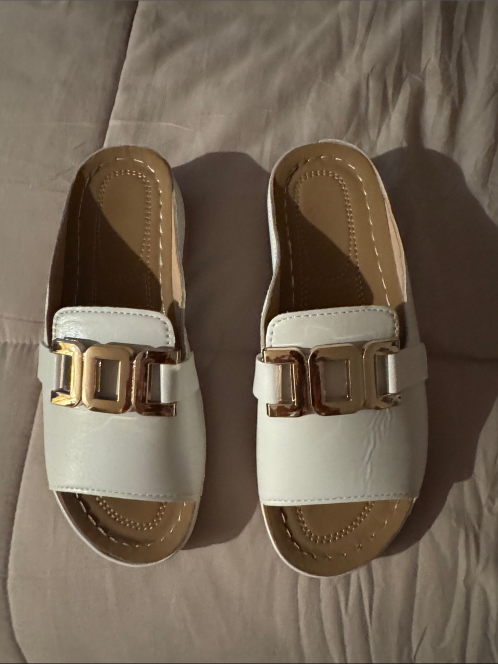Women's White Slide Sandals with Gold Accent
